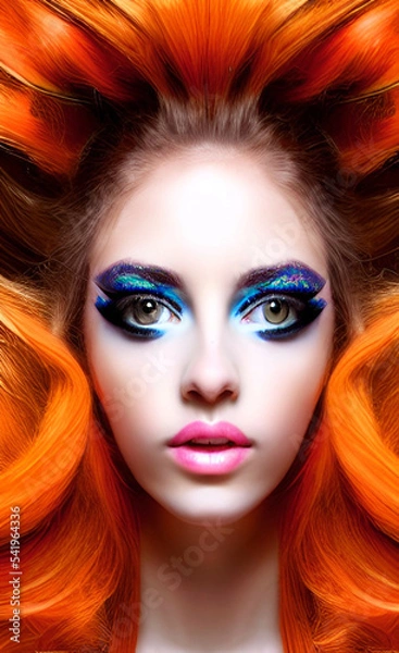 Fototapeta Portrait of a girl with creative makeup and hairstyle. Illustration. Created with the help of artificial intelligence