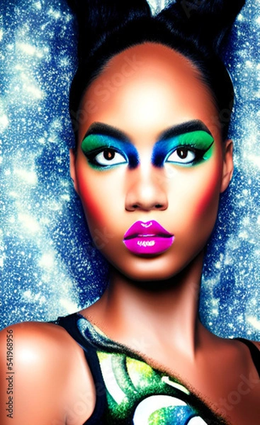 Fototapeta Portrait of a girl with creative makeup and hairstyle. Illustration. Created with the help of artificial intelligence