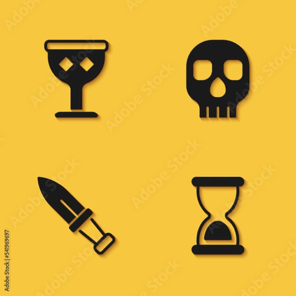 Obraz Set Medieval goblet, Old hourglass, Dagger and Skull icon with long shadow. Vector