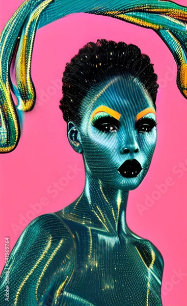 Fototapeta Portrait of a girl with creative makeup and hairstyle. Illustration. Created with the help of artificial intelligence