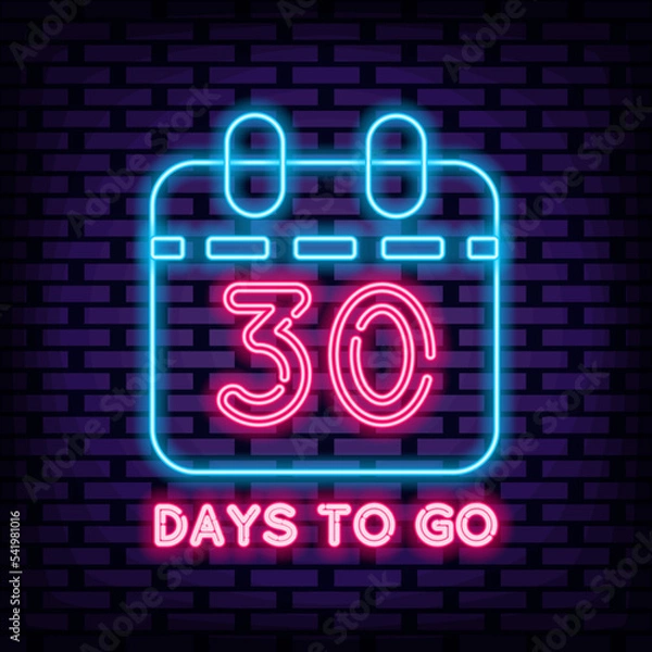 Obraz 30 Days To Go Neon Sign Vector. Glowing with colorful neon light. Announcement neon signboard. Trendy design elements. Vector Illustration