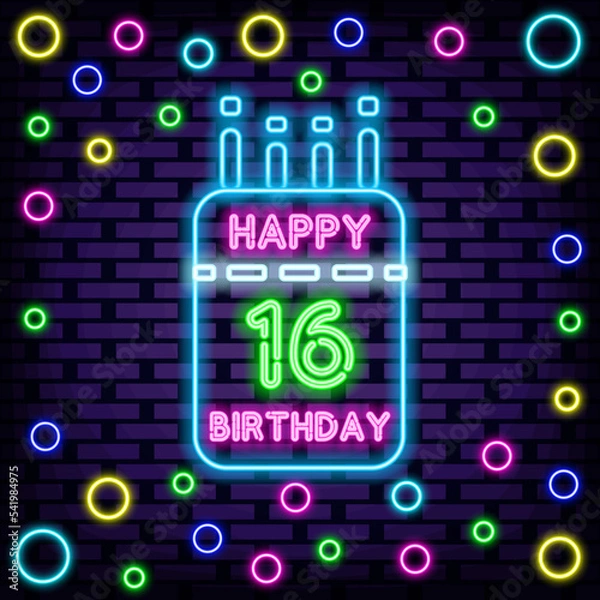 Obraz 16th Happy Birthday 16 Year old Neon signboards. On brick wall background. Neon text. Modern trend design. Vector Illustration