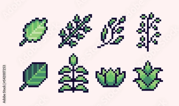 Fototapeta Green foliage, leaves pixel art set. Tree petals collection. Plant branches 8 bit sprite. Game development, mobile app.  Isolated vector illustration.