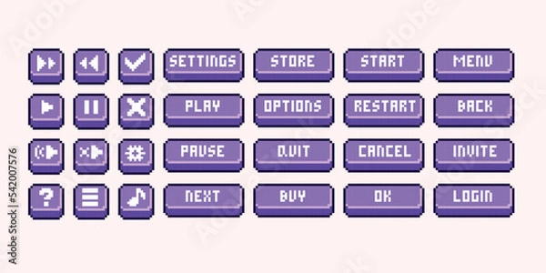 Fototapeta Key buttons pixel art set. Interface bar collection. Computer panel 8 bit sprite. Game development, mobile app.  Isolated vector illustration.