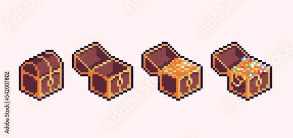 Fototapeta Open and closed chest full of gold and jewels pixel art set. Treasure box collection. 8 bit sprite. Game development, mobile app. Isolated vector illustration.