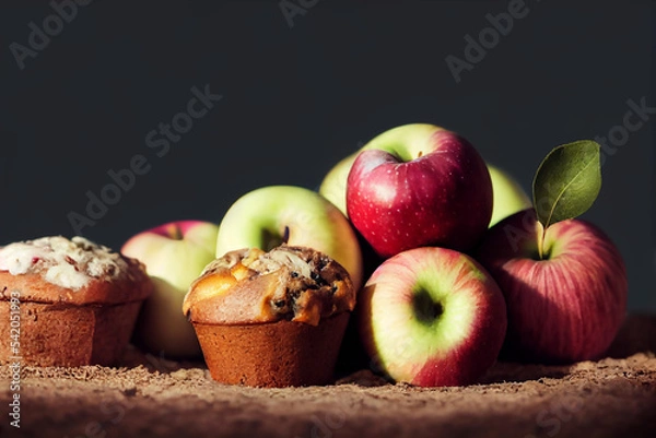 Fototapeta Apples and cupcakes in a low anle view from the side
