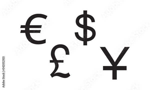 Obraz Currency icons. Collection of currency symbols - dollar, euro, pound, rupee, yuan, ruble. Cash icon. Currency exchange symbol. Coins icon. Finance symbol. Currency symbol. Bank payment symbol.