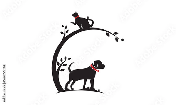 Obraz Dog With Cat And Tree logo design template. Vector Illustration.