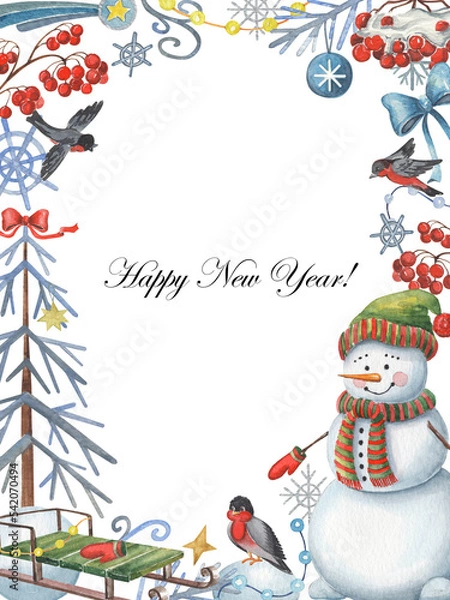 Fototapeta Christmas cute frame with watercolor hand-drawn traditional elements - smiling cartoon snowman, christmas tree, birds, berries and snowballs. Illustration for greeting postcards and invitation.