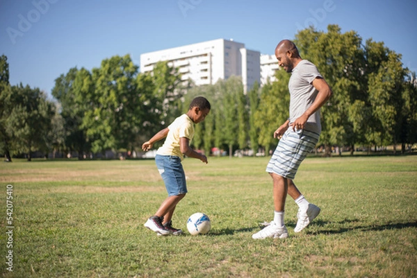 Fototapeta Side view of Black man and happy boy playing ball on field. Careful father and his little kid kicking ball laughing and having fun together in summer. Sport activity and healthy lifestyle concept