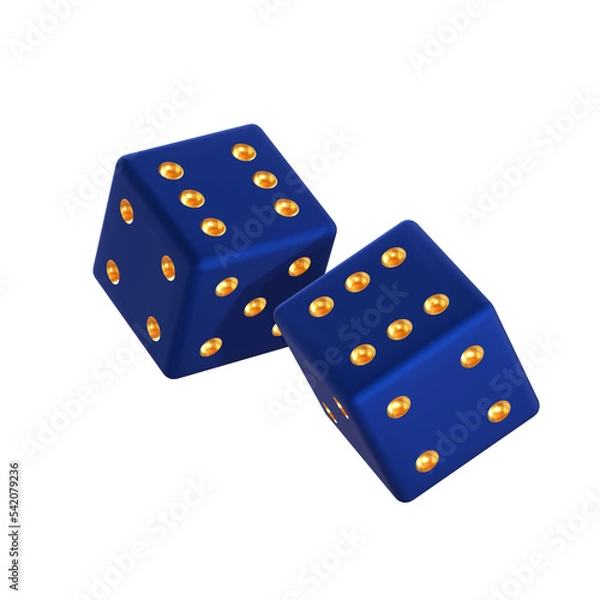 Fototapeta Two randomly rotated dark blue dice with gold embossed dots. Isolated on transparent background. 3d render