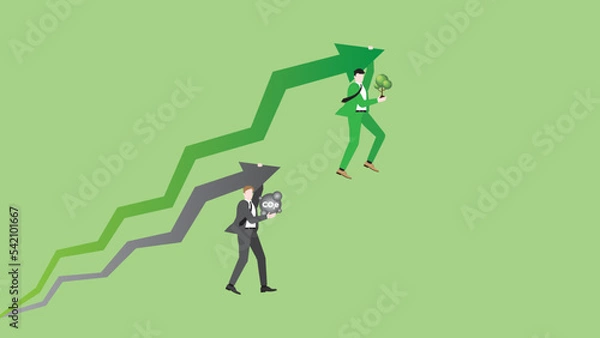 Fototapeta Businessmen hang rising arrow with tree planting and CO2e gas. Concept of ESG economic competition. Advantage leader of green business policy against competitor with carbon dioxide net zero emission.