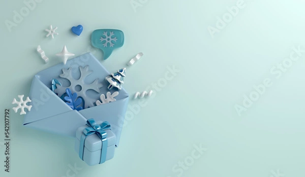 Fototapeta Winter decoration background with envelope, snowflakes, gift box, copy space text, 3D rendering illustration