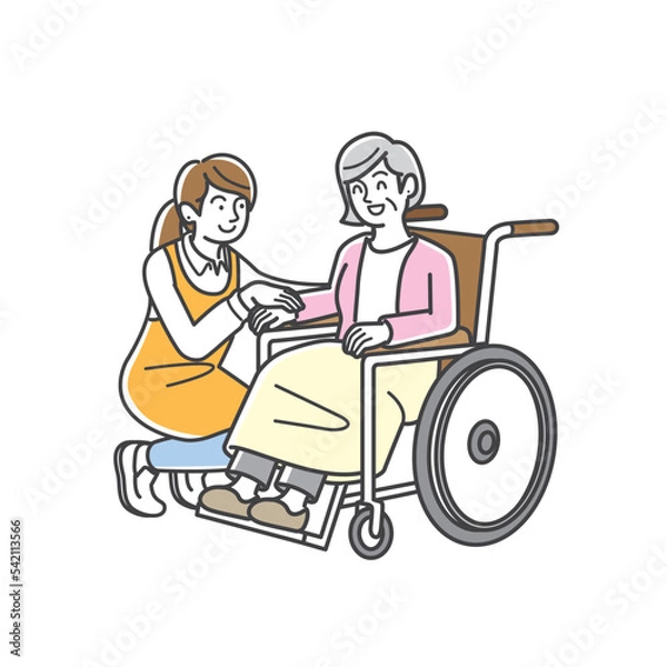 Fototapeta 車椅子に乗るシニア女性と介護スタッフ