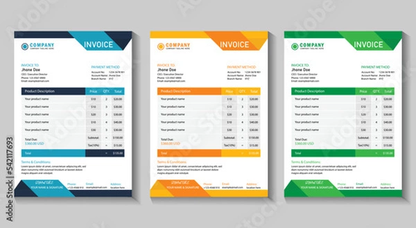 Fototapeta Minimal corporate business bill form price invoice design template. editable modern abstract creative professional invoice template with yellow, green, blue color. 