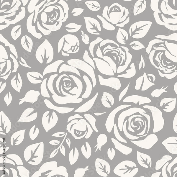 Obraz Seamless pattern with beautiful vintage rose and decorative leaf silhouette on gray background. Wallpaper with white flower in old antique style. Vector stock illustration