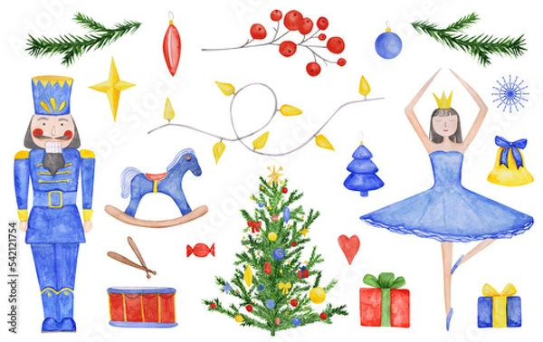 Fototapeta A set of 20 Nutcracker clipart is isolated. Watercolor characters from the nutcracker ballet, a Christmas tree, a ballerina, gifts, drums, a rocking horse, a bell, a star, and a garland.