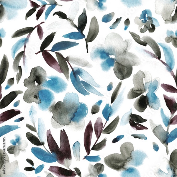 Fototapeta Floral print in cerulean, greyish purple and black. Seamless watercolor pattern.