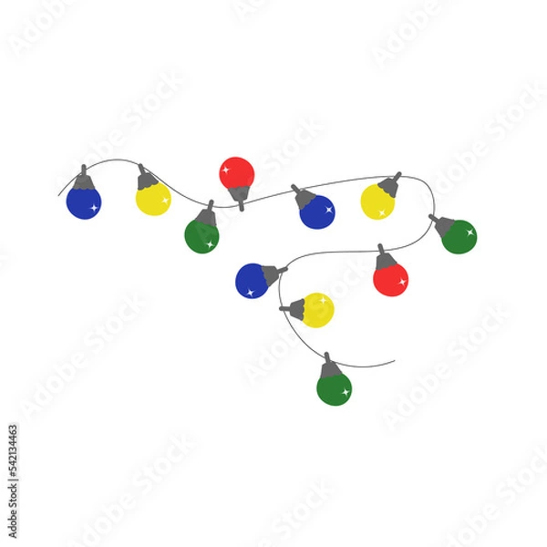 Fototapeta Garland with multi-colored light bulbs. Vector over white background. Symbol of Christmas, New Year and holidays. For the design of packaging, clothing, brochures and covers, cards and invitations, ad