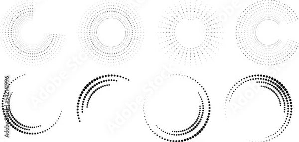 Fototapeta Design elements with circular halftone dots. Vector rotating dotted circles design . Half tones collection . Concentric circles for posters, social media, promotion,  flyer, covers .Dotted frames