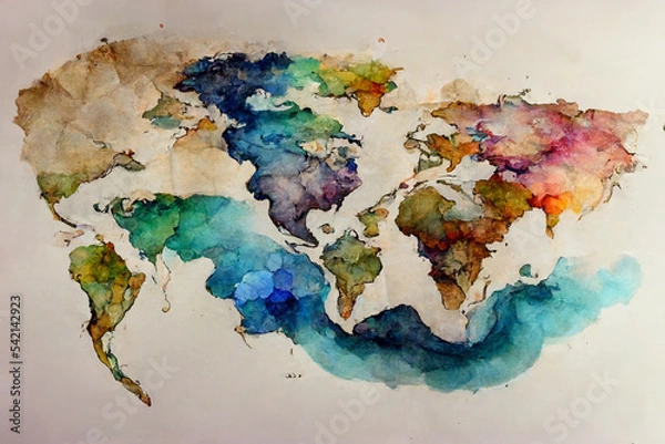 Fototapeta Akwarela malowana kolorowa abstrakcyjna mapa świata. Ilustracja 2D