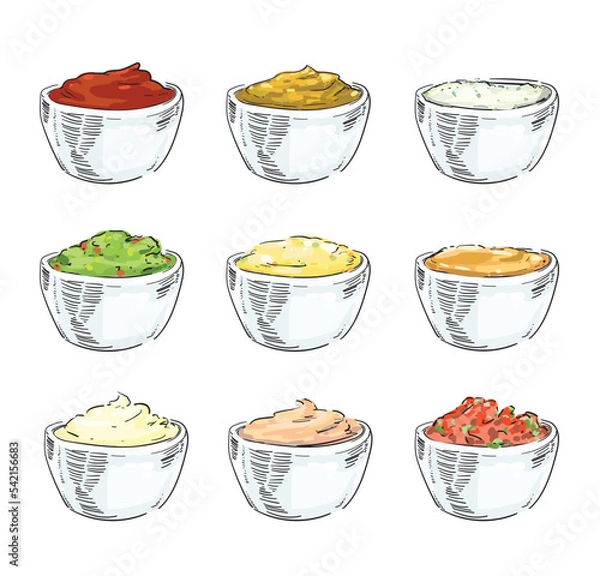 Fototapeta set of different set of dips and sauces ketchup mustard guacamole mayo salsa spicy mayo hand draw american icon new york fast food illustration on white background