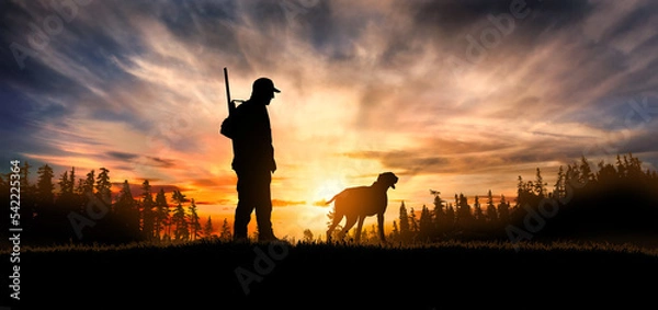 Fototapeta hunter with dog at sunset