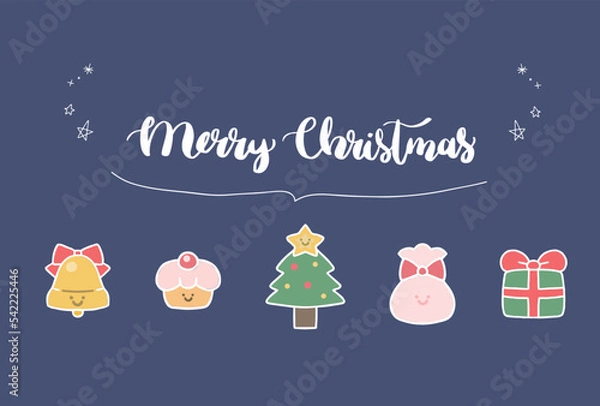 Obraz クリスマス　手書きベクターイラスト、可愛い　メッセージカードテンプレート、ネイビー