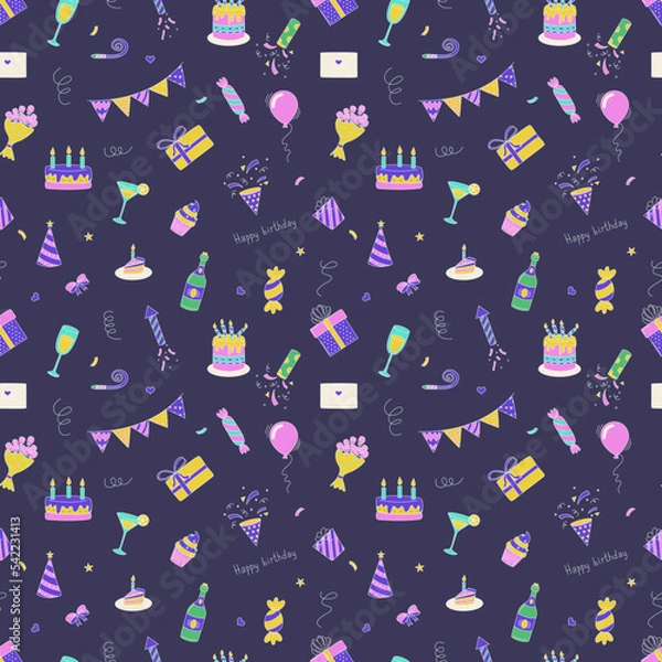 Fototapeta Happy Birthday. Seamless pattern with birthday elements. Cakes, gifts, balloons and more. Flat vector illustration in doodle style.