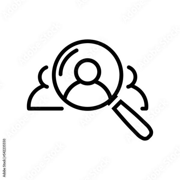 Obraz Magnifying glass with man line icon. Search man symbol on white. Simple outline abstract search man icon in black. Flat design. Vector illustration for graphic design, logo, Web, UI, mobile app.