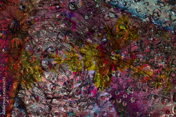 Fototapeta Space abstraction. Striped spheres are located against the multicolored background with web silhouette. 3D render. 