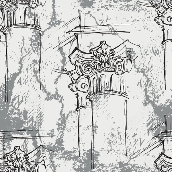 Fototapeta Vector seamless pattern: linear black sketch of corinthian columns on gray textured background. Design with architectual elements for textile, fabric, wallpaper, wrapping paper.