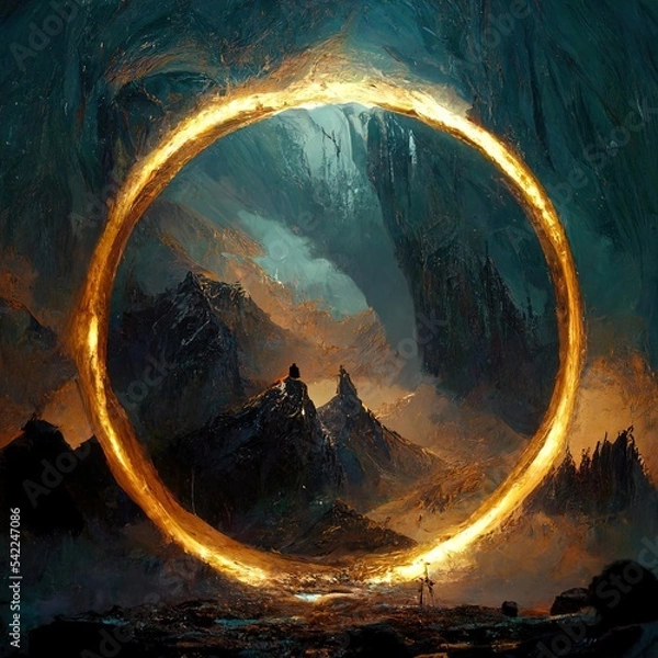 Obraz  Golden Ring and Mountains Digital Art 3D Render