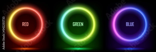 Fototapeta Futuristic style, Set of blue, red-purple, green illuminate frame design. Abstract vibrant color circle backdrop. Collection of glowing neon lighting on dark background with space.