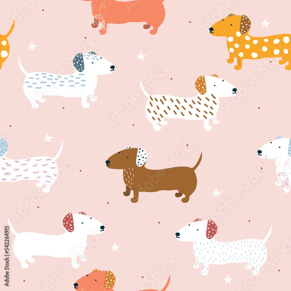 Fototapeta Seamless pattern with colorful dachshunds. Cute kids print. Vector hand drawn illustration.