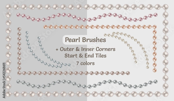 Fototapeta Set of pattern brushes with string of pearl beads. Chain brushes with corners, end and start tiles. Pastel colors. Isolated on light backgrounds.