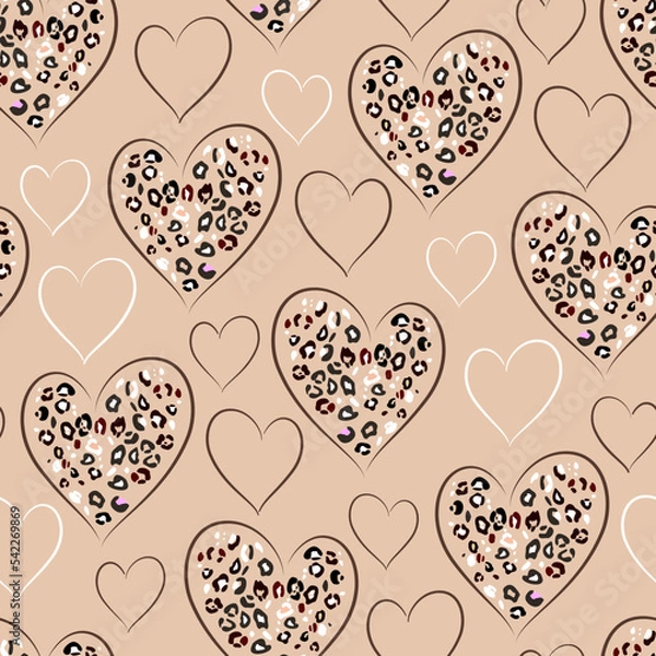 Fototapeta Heart signs seamless pattern and stylized leopard pattern inside the heart. Pink concept background Love, beauty, fashion. One continuous line drawing and spots of animal skin.