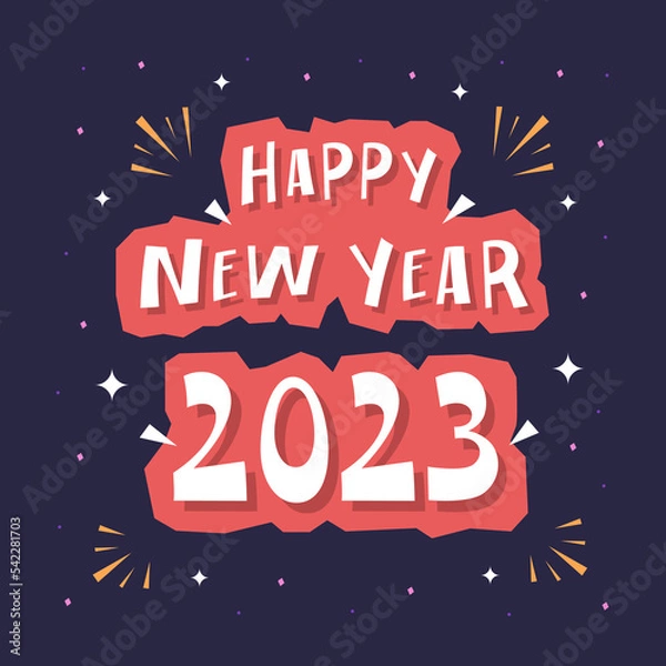 Fototapeta Happy new year 2023 lettering background with confetti decorations 