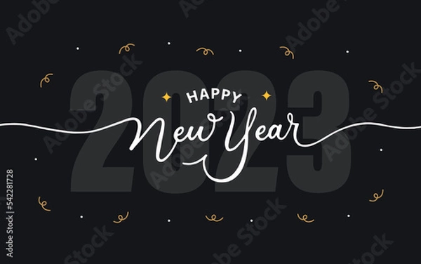 Fototapeta Happy new year 2023 lettering background with confetti decorations 