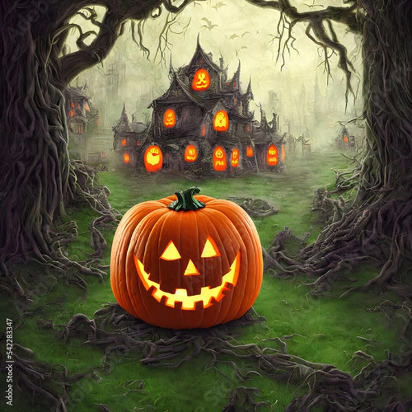 Fototapeta An Illustration of an old haunted house and a pumpkin jack-o'-lantern in front of it surrounded many by trees in a dark forest