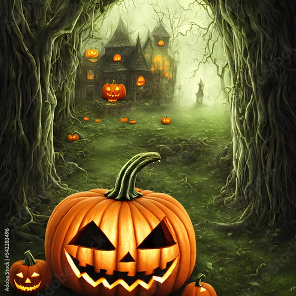 Fototapeta An Illustration of an old haunted house and a pumpkin jack-o'-lantern in front of it surrounded many by trees in a dark forest