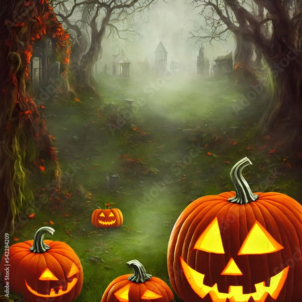 Fototapeta An Illustration of an old haunted house and a pumpkin jack-o'-lantern in front of it surrounded many by trees in a dark forest