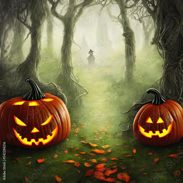 Fototapeta An Illustration of an old haunted house and a pumpkin jack-o'-lantern in front of it surrounded many by trees in a dark forest