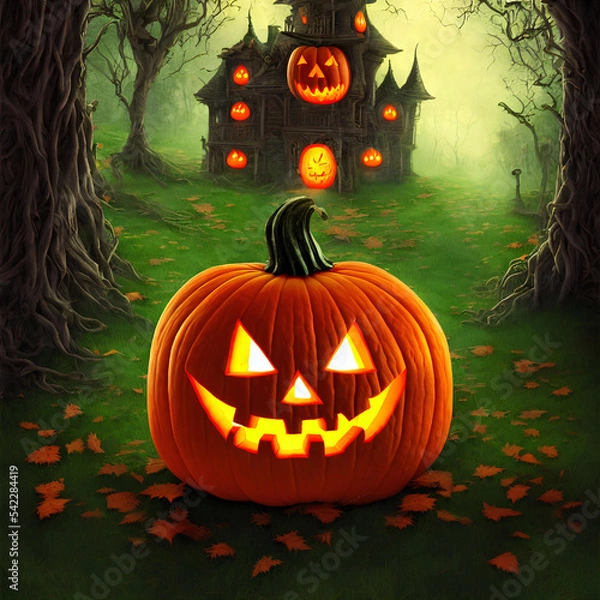 Fototapeta An Illustration of an old haunted house and a pumpkin jack-o'-lantern in front of it surrounded many by trees in a dark forest