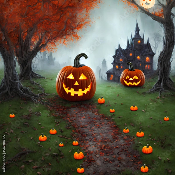 Fototapeta An Illustration of an old haunted house and a pumpkin jack-o'-lantern in front of it surrounded many by trees in a dark forest