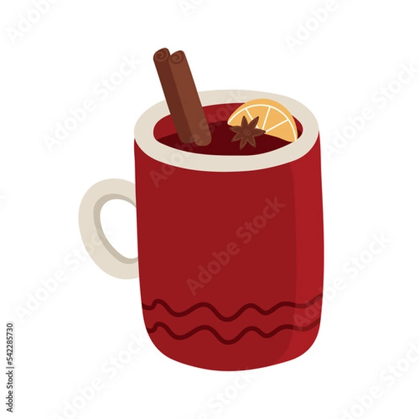 Fototapeta Vector hand drawn illustration of a cup with mulled wine, cinnamon and a slice of orange. Ingredients for mulled wine. Design greeting cards, posters, gift wrapping.