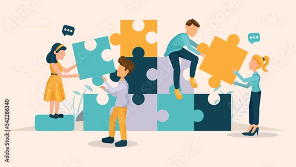Fototapeta A teamwork vector about collaboration and coworking. Young employees represent teamwork with the puzzle.