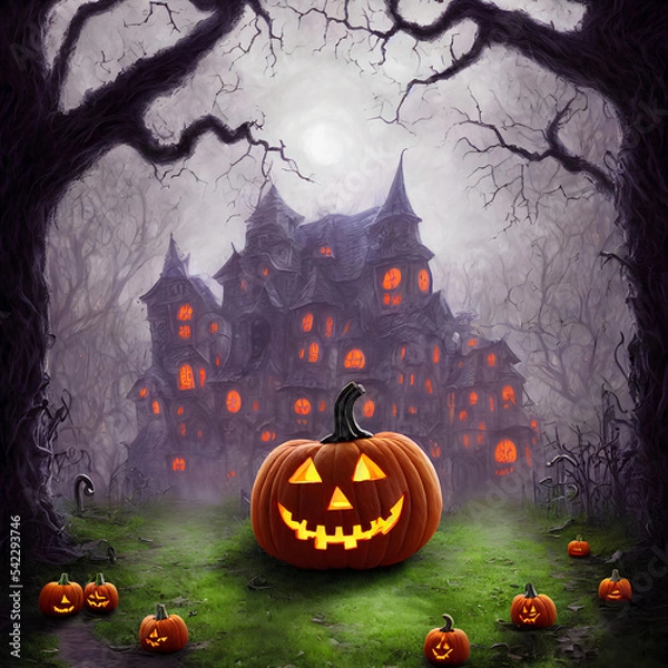 Fototapeta An Illustration of an old haunted house and a pumpkin jack-o'-lantern in front of it surrounded many by trees in a dark forest