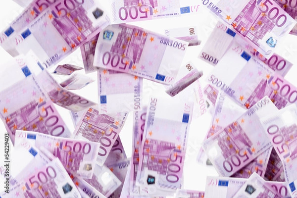 Obraz Spadające rachunki za 500 euro, deszcz pieniędzy, utrata kursu wymiany