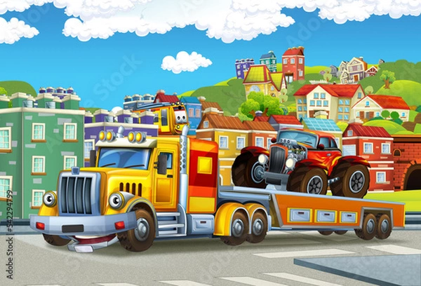 Fototapeta cartoon tow truck driving with load other car in the city